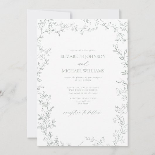 Invitation Code QR Élégant minimal feuille Mariage vert (Devant)