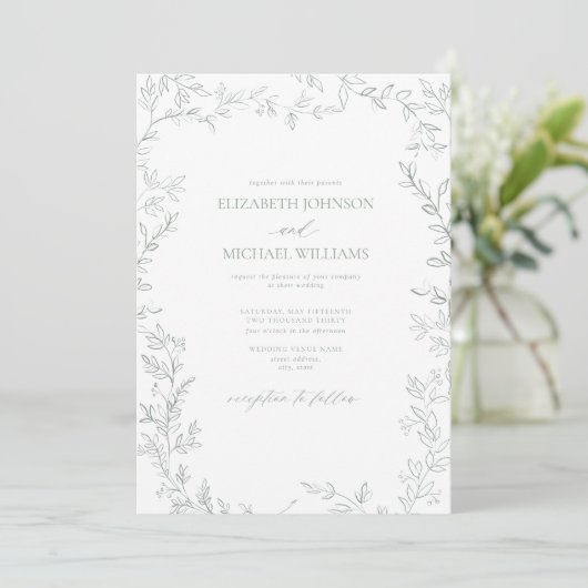 Invitation Code QR Élégant minimal feuille Mariage vert (Debout devant)