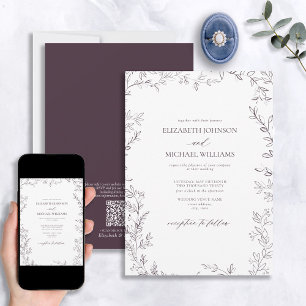 Invitation Code QR Élégant minimal feuille prune violet Maria