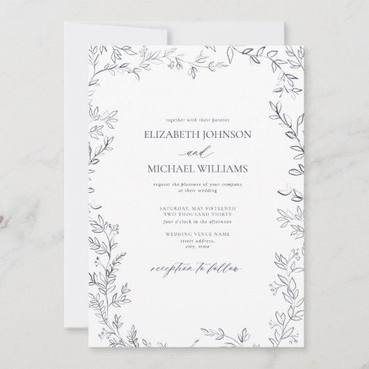 Invitation Code QR Élégant minimum feuille Mariage bleu marin (Devant)