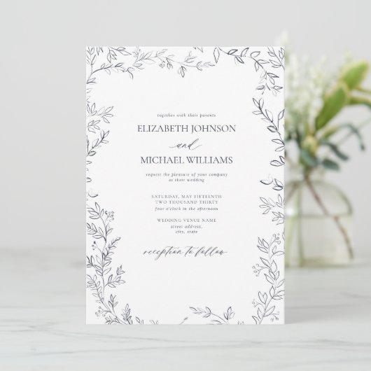Invitation Code QR Élégant minimum feuille Mariage bleu marin (Debout devant)