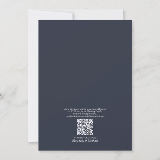 Invitation Code QR Élégant minimum feuille Mariage bleu marin (Dos)