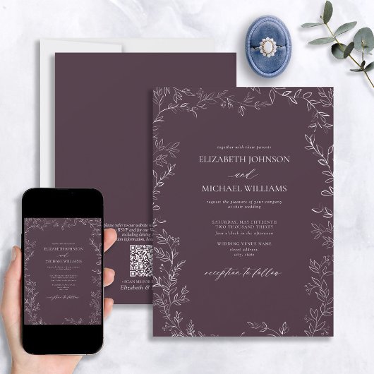 Invitation Code QR Élégant Plum violet Mariage de feuille min