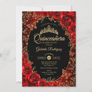 Invitation Code QR élégant Quinceanera rouge or noir