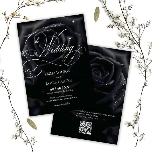Invitation Code QR Élégant Rose de Minuit Calligraphie Mariag