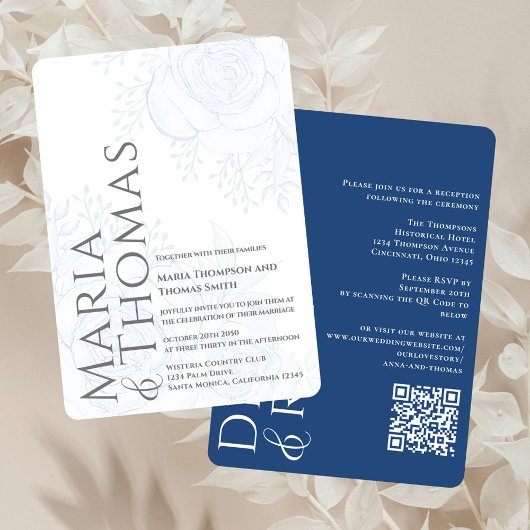 Invitation Code QR Elégant RSVP en ligne Dusty Blue Floral