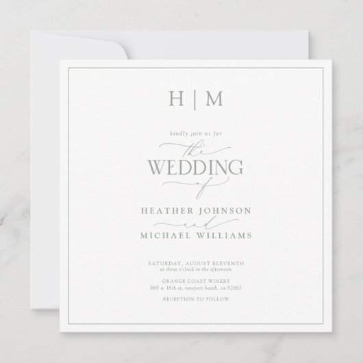 Invitation Code QR Élégant Sage Green Calligraphie Monogramme (Devant)
