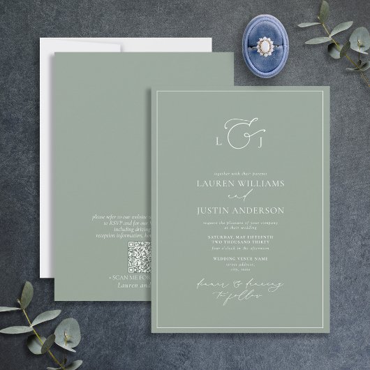 Invitation Code QR Élégant Sage Green Calligraphie Monogramme