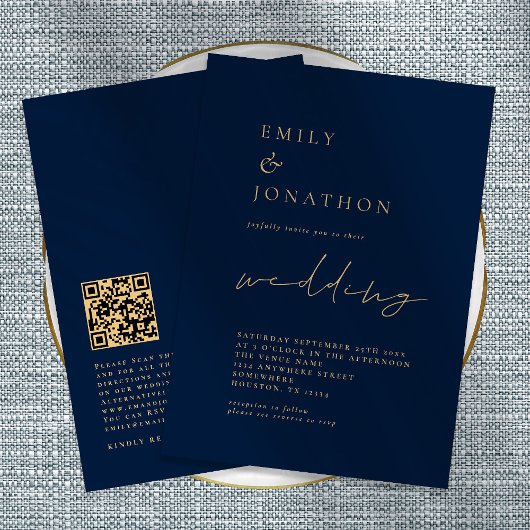 Invitation Code QR élégant Script Marine Gold Mariage Invitat