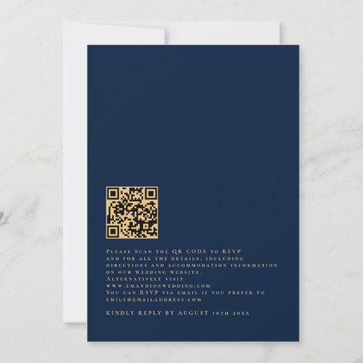 Invitation Code QR élégant Script Marine Gold Mariage Invitat (Dos)