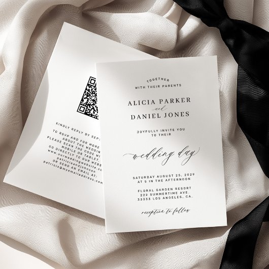 Invitation CODE QR élégant simple mariage noir et blanc