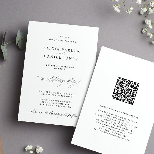 Invitation CODE QR élégant simple mariage noir et blanc
