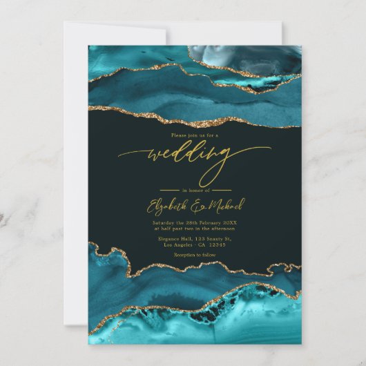 Invitation Code QR Elegant Turquoise et Gold Agate Mariage (Devant)
