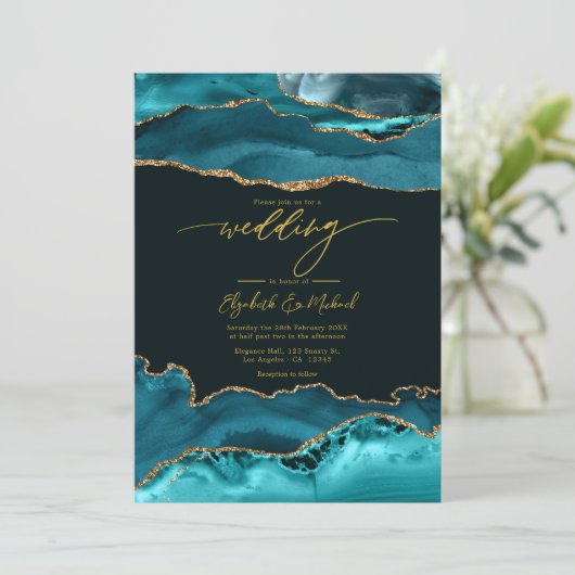 Invitation Code QR Elegant Turquoise et Gold Agate Mariage (Debout devant)
