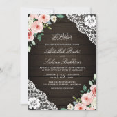 Invitation Code QR en bois de grange à dentelle florale rose (Devant)