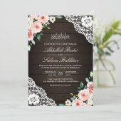 Invitation Code QR en bois de grange à dentelle florale rose (Debout devant)