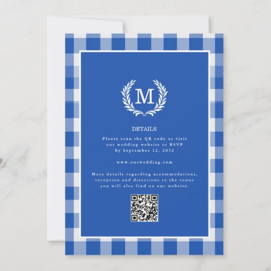 Invitation Code QR En vichy monogramme bleu (Dos)