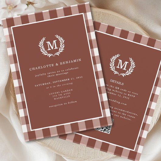 Invitation Code QR En vichy monogramme Brown