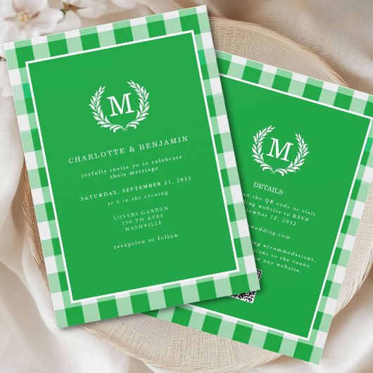 Invitation Code QR En vichy monogramme crête vert