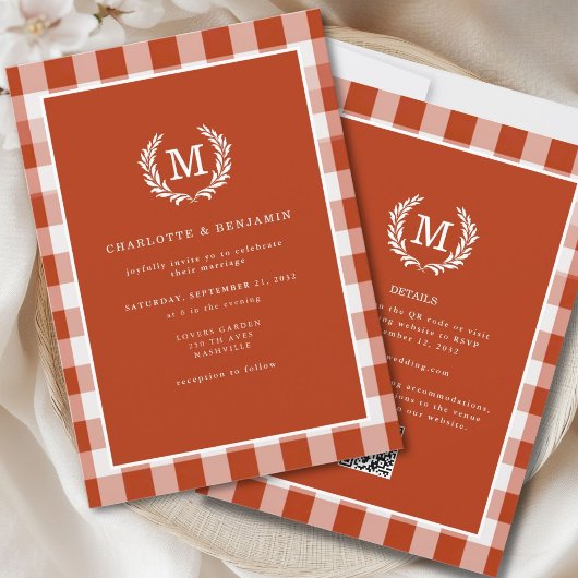 Invitation Code QR En vichy monogramme rouge orange