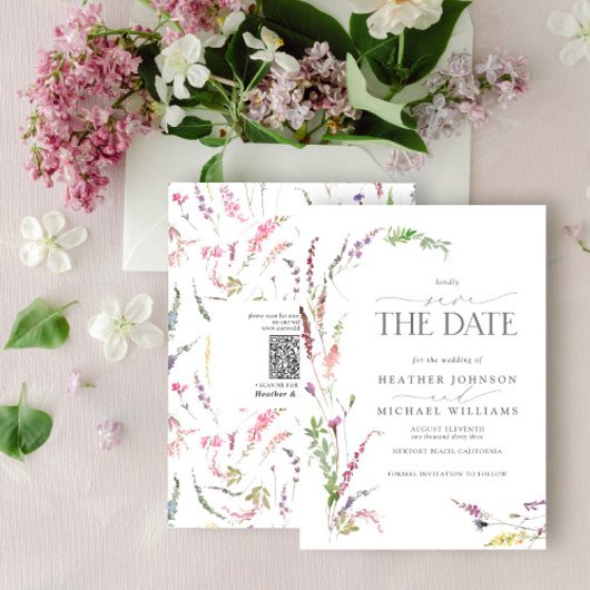 Invitation Code QR Enregistrez la Date Élégant Fleur Sauvage