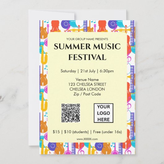 Invitation Code QR et logo du festival de musique d'été (Devant)