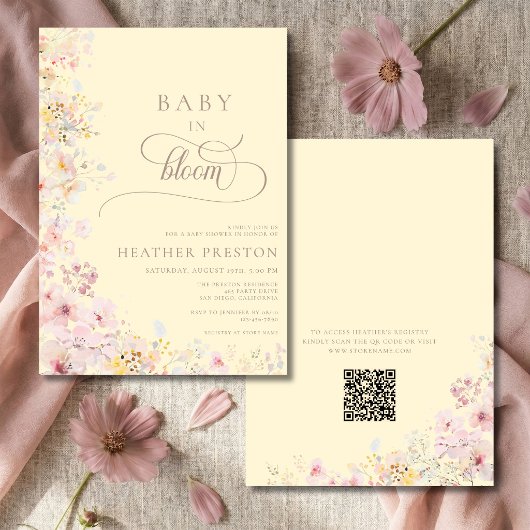Invitation Code QR Fête Bébé Fleur Sauvage Jaune