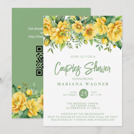 Invitation Code QR Fête de Couple Fleur de Sauge Jaune (Devant / Derrière)