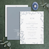Invitation Code QR Feuille Bleu Poussiéreux Élégant Monogramm
