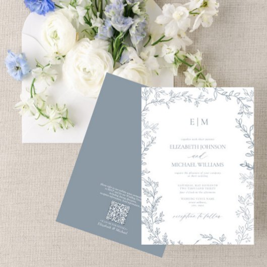 Invitation Code QR Feuille Bleu Poussiéreux Élégant Monogramm