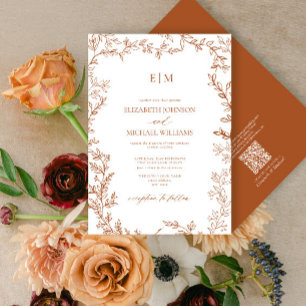 Invitation Code QR Feuille Orange Brûlé Monogramme Élégant Ma