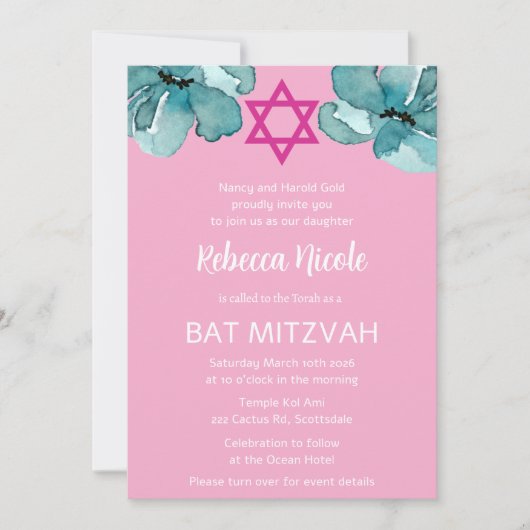 Invitation Code QR Fleur d'aquarelle rose pour Bat Mitzvah (Devant)