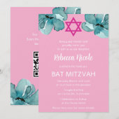 Invitation Code QR Fleur d'aquarelle rose pour Bat Mitzvah (Devant / Derrière)