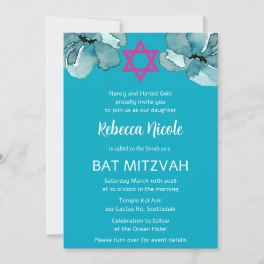 Invitation Code QR Fleur d'aquarelle rose pour Bat Mitzvah (Devant)