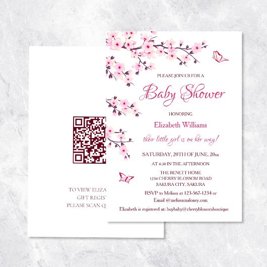 Invitation Code QR | Fleur de cerisiers | Baby shower fille
