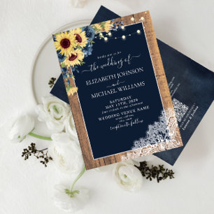 Invitation Code QR Fleur de Tournesol Bleu Marine Bois Dentel