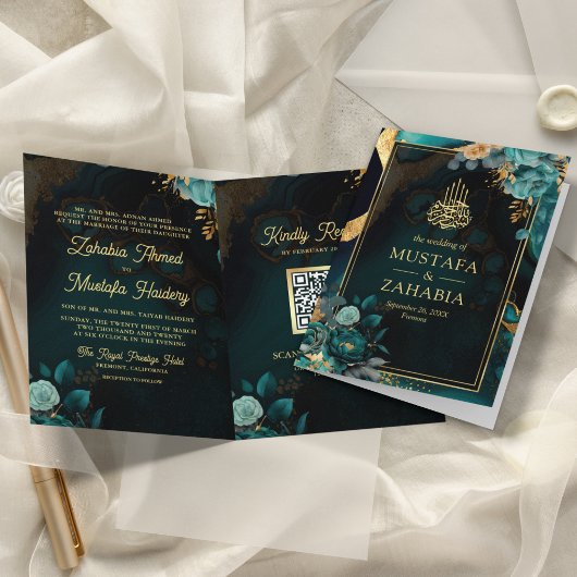 Invitation Code QR Fleur Or Sarcelle Foncé Mariage Musulman