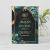 Invitation Code QR Fleur Or Sarcelle Foncé Mariage Musulman (Debout devant)