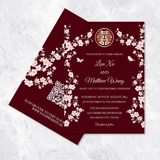 Invitation Code QR Fleur orientale rose Mariage chinois
