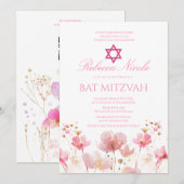 Invitation Code QR Fleur rose aquarelle Bat Mitzvah  (Devant / Derrière)
