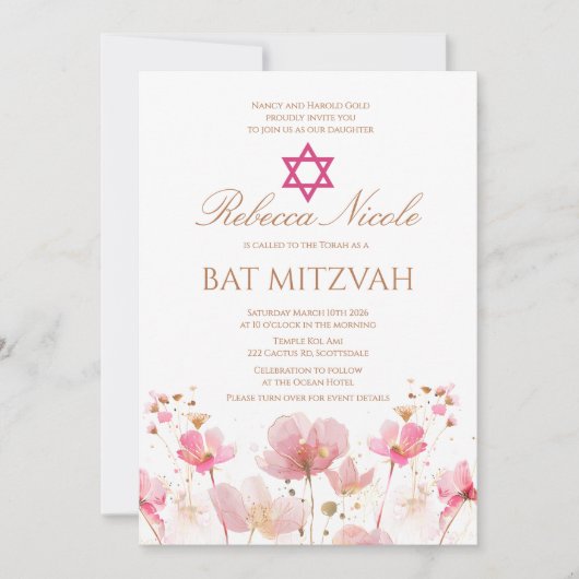 Invitation Code QR Fleur rose aquarelle Bat Mitzvah (Devant)