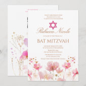 Invitation Code QR Fleur rose aquarelle Bat Mitzvah (Devant / Derrière)