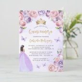 Invitation Code QR Fleur rose violet Or Quinceañera (Debout devant)