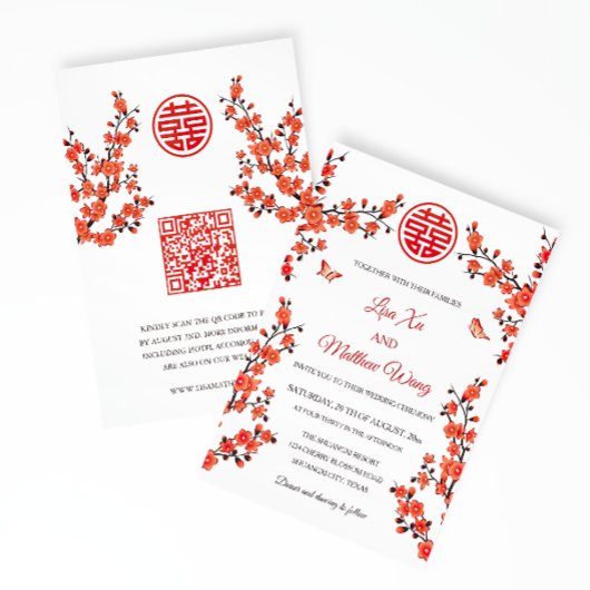 Invitation Code QR | Fleur rouge cerise | Mariage chinois