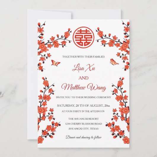 Invitation Code QR | Fleur rouge cerise | Mariage chinois (Devant)
