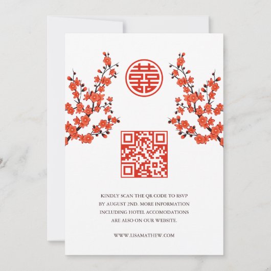Invitation Code QR | Fleur rouge cerise | Mariage chinois (Dos)