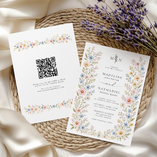 Invitation Code QR Fleurs Aquarelle Mariage Fleur de Champ