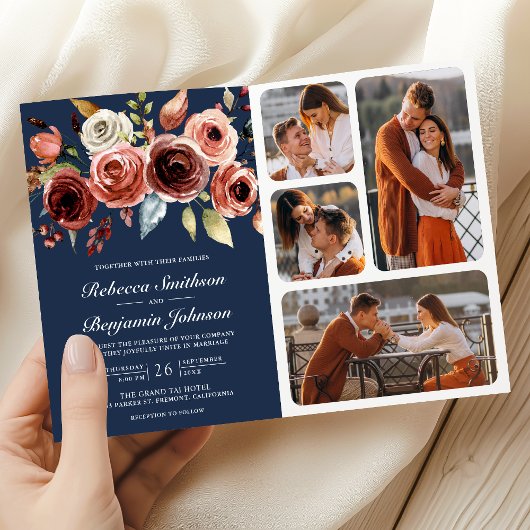 Invitation Code QR Fleurs Aquarelle Terracotta Mariage Bleu M