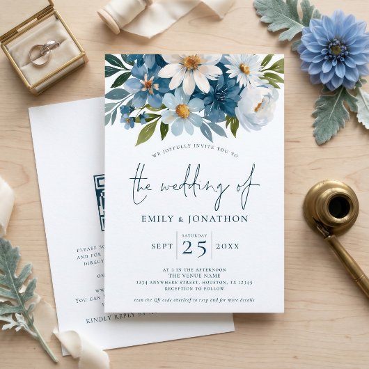 Invitation Code QR Fleurs Bleues Aquarelle Mariage 