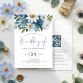 Invitation Code QR Fleurs Bleues Aquarelle Mariage 